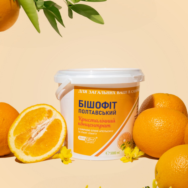 Кристалічний концентрат для ванн з ефірною олією апельсину та іланг-іланг Бішофіт Полтавський, 1000 ml