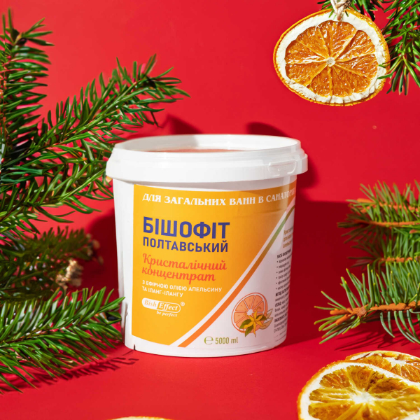 Кристалічний концентрат для ванн з ефірною олією апельсину та іланг-іланг Бішофіт Полтавський, 1000 ml